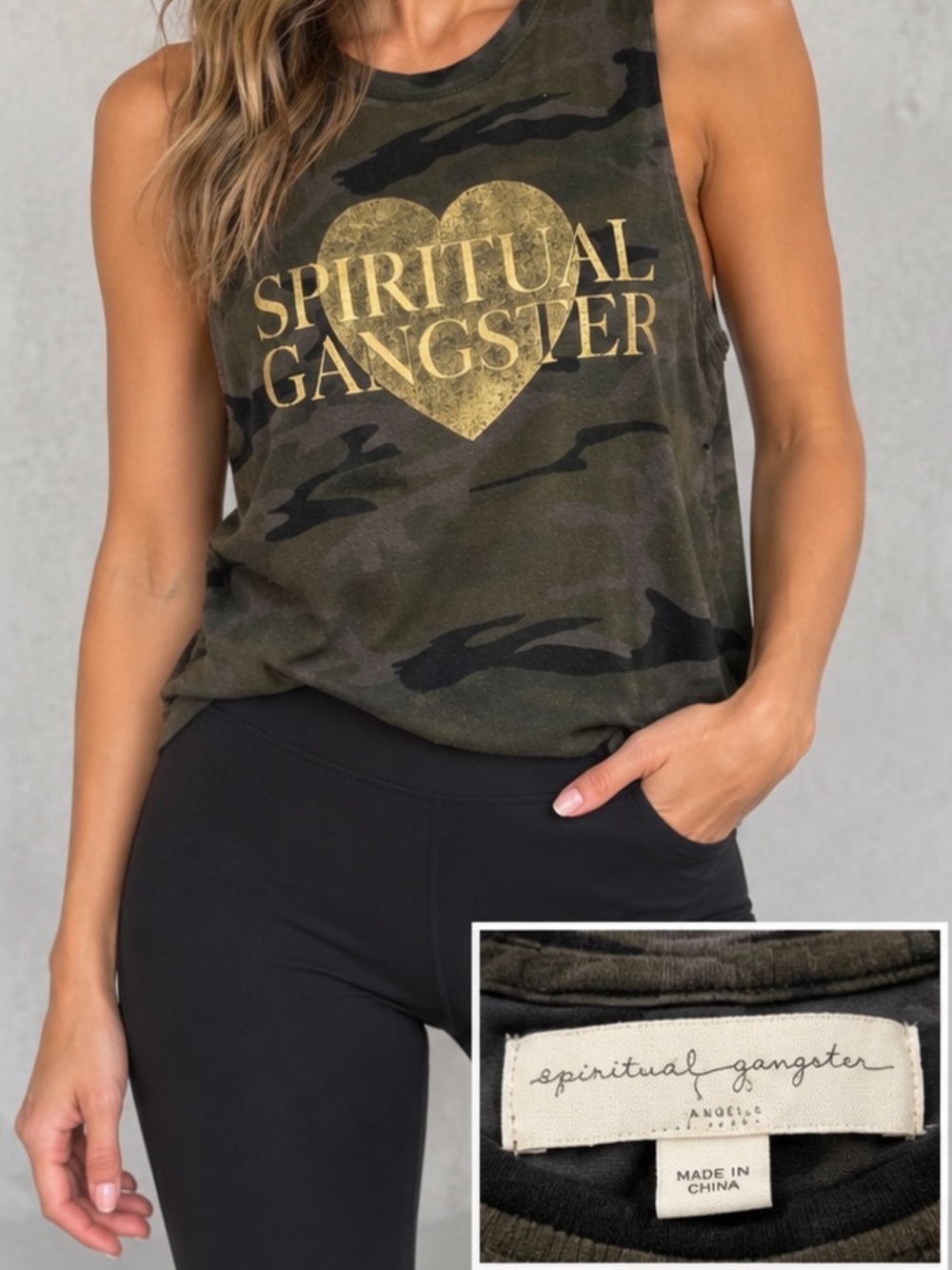 Spiritual Gangster Olive Camo Tank with Gold Heart Logo